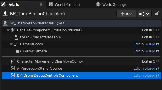 BP_DroneDebugControlsComponent added to a pawn in the Components panel