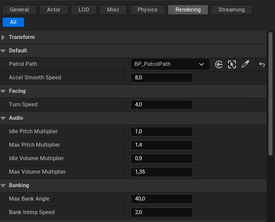 BP_AIDrone Details — the PatrolPath slot plus the Facing, Audio and Banking categories