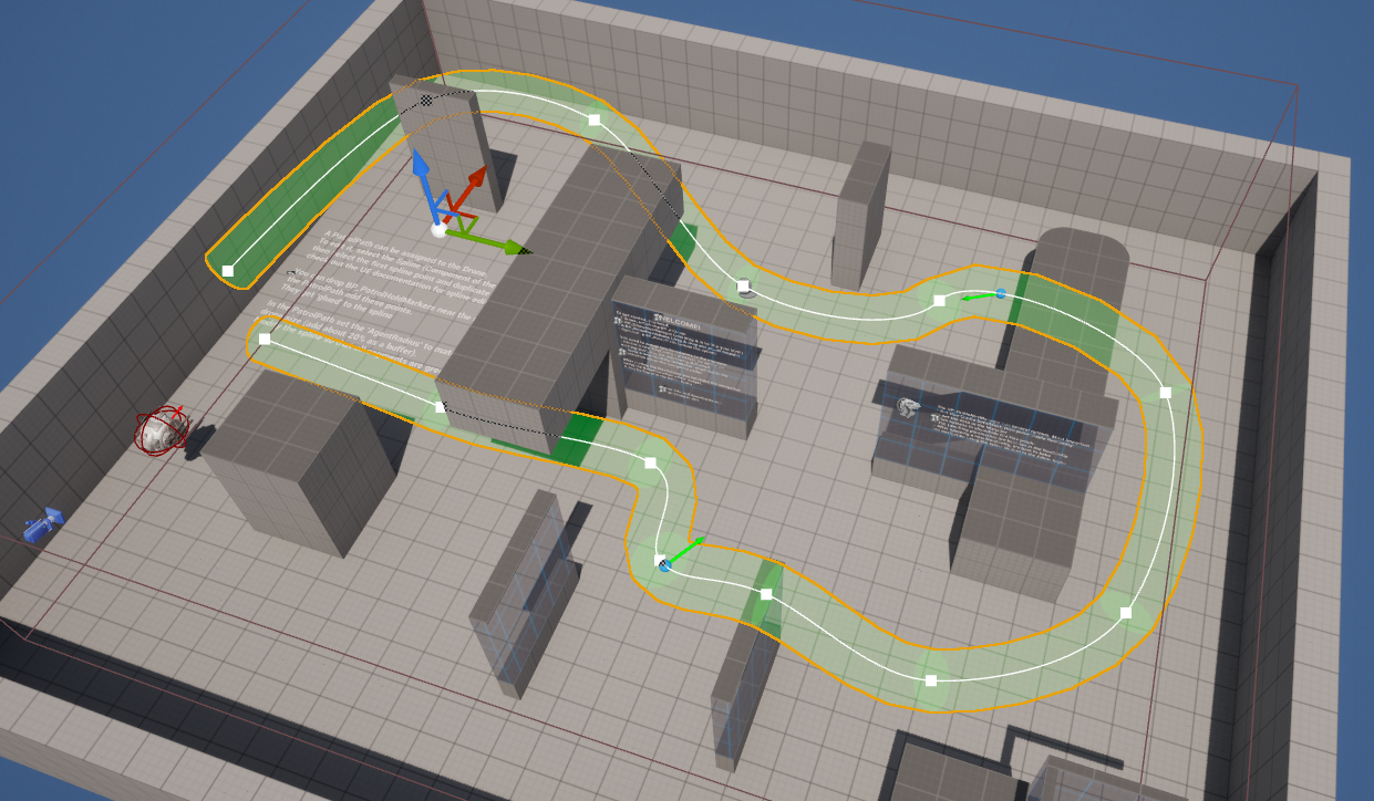 A BP_PatrolPath spline laid through a level (top-down)