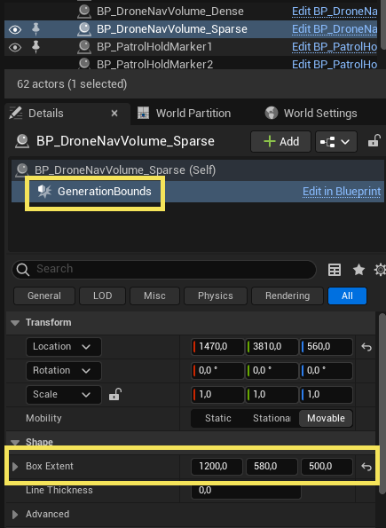BP_DroneNavVolume Details — the GenerationBounds Box Extent that sizes the sampled region