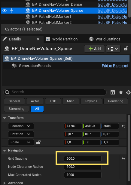 BP_DroneNavVolume Details — GridSpacing and the read-only derived MaxConnectionDistance