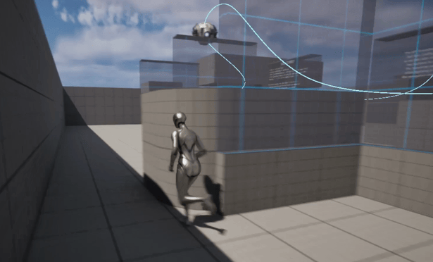 A drone chasing the player through a level