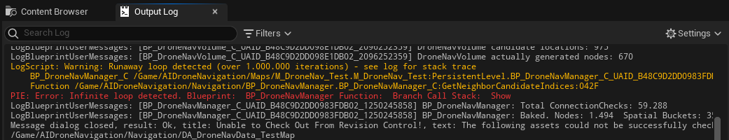 Output log showing the "Runaway loop detected" warning during a bake